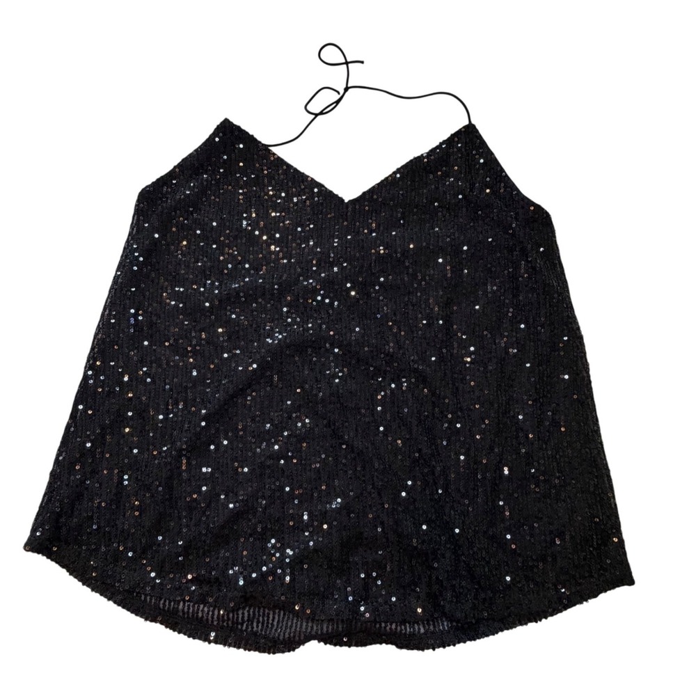 Sky Plus Womens 2X Black Sequin‎ Halter Top V-Neck Tie Neck Sparkly Party Blouse
